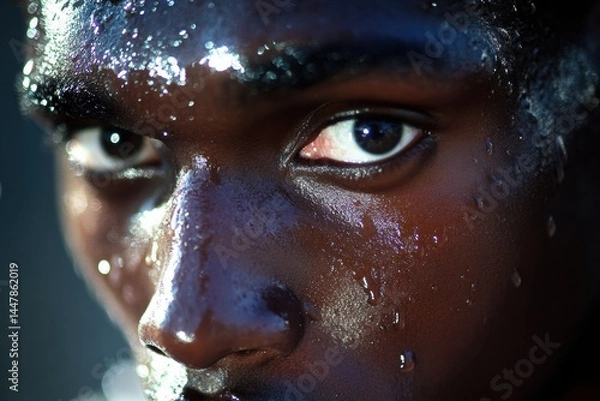 Fototapeta Close-up portrait of an african american man with glistening skin, showcasing intense expression and sweat droplets, capturing the essence of determination and resilience in a dramatic lighting