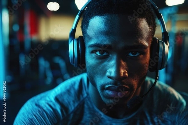 Fototapeta Athletic man wearing headphones is focused and engaged in a fitness environment, showcasing determination and intensity while preparing for a workout or training session