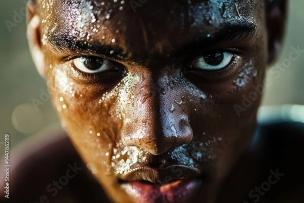 Fototapeta Close-up portrait of an african american male with glistening skin, showcasing intense expression and captivating gaze, highlighting determination and strength in a dynamic environment