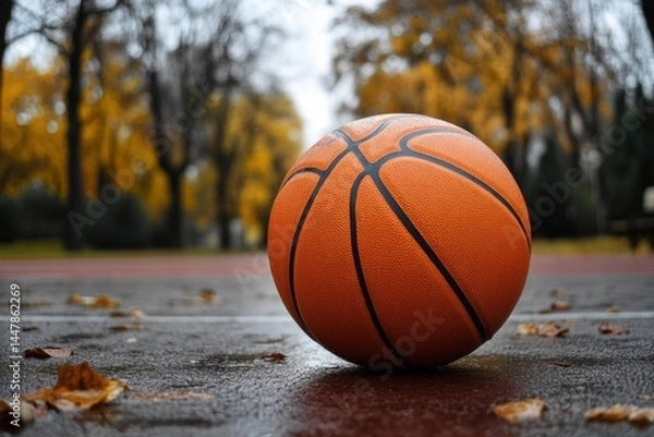 Fototapeta Close-up of an orange basketball resting on a wet court surrounded by fallen leaves, showcasing the texture and details of the ball in an autumn park setting