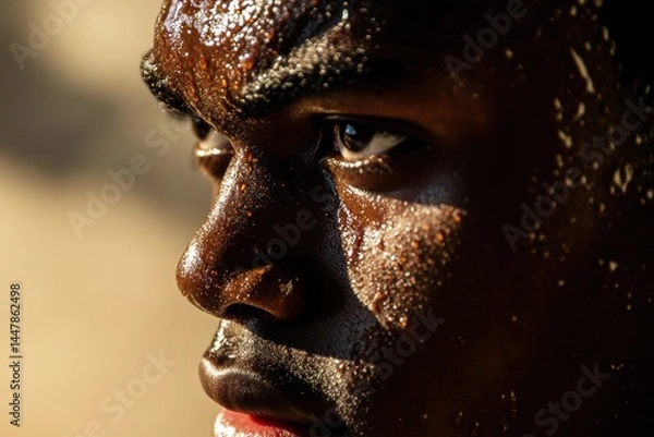 Fototapeta Close-up portrait of an african american man with glistening skin, showcasing intense expression and determination, illuminated by natural light, highlighting facial features and textures
