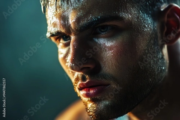 Fototapeta Intense close-up of a young athletic man with glistening skin, showcasing determination and focus, illuminated by dramatic lighting in a dynamic and engaging atmosphere
