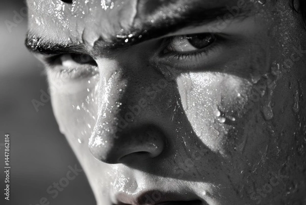 Fototapeta Close-up portrait of a young man with intense expression, glistening skin from sweat, showcasing determination and focus in a dramatic black and white composition with strong contrasts