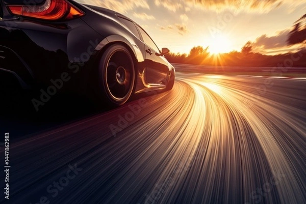 Fototapeta Sleek black sports car drifting on a winding track at sunset, showcasing dynamic motion and vibrant colors, capturing the thrill of speed and automotive performance