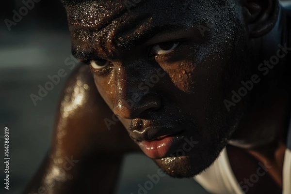 Fototapeta Athletic man with glistening skin is focused and determined during an intense workout session, showcasing strength and dedication in a dynamic fitness environment