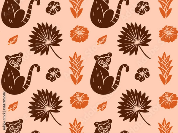 Fototapeta Hand-drawn seamless pattern featuring lemur, palm leaf, hibiscus flower, and tropical foliage. Pen imitation doodle perfect for jungle-themed design and summer decor.