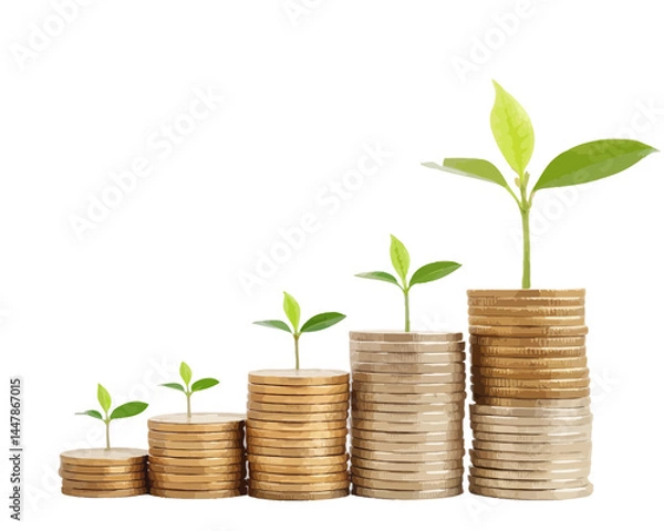 Fototapeta Stacks of coins with small plants growing on each stack showing growth and investment concept idea