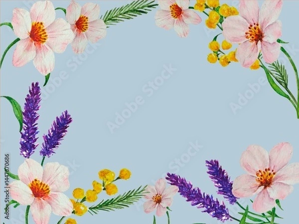 Fototapeta Watercolor floral frame with lavender, mimosa and pink flowers on blue background, perfect for cards, invitations and design.