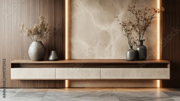 Fototapeta Vases with dry plants in a luxurious interior design with marble and wood walls