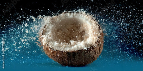 Fototapeta Exploding Coconut in Liquid with Water Spray