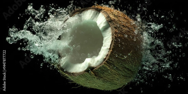 Fototapeta Halved Coconut Submerged in Water with Splash