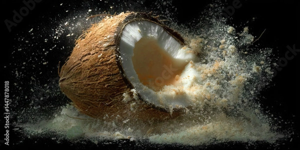 Fototapeta Broken Coconut with Exploding Coconut Powder