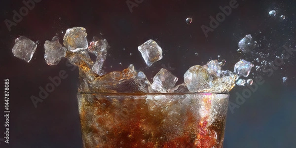 Fototapeta Ice Cubes Dropping into Carbonated Brown Liquid