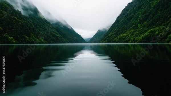 Fototapeta A foggy lake with reflections of distant mountains, surrounded by lush greenery and soft ripples on the water