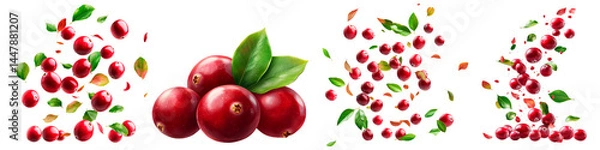 Obraz Collection of ripe cranberries with green leaves, scattered and floating in multiple arrangements, suitable for food and nature designs.