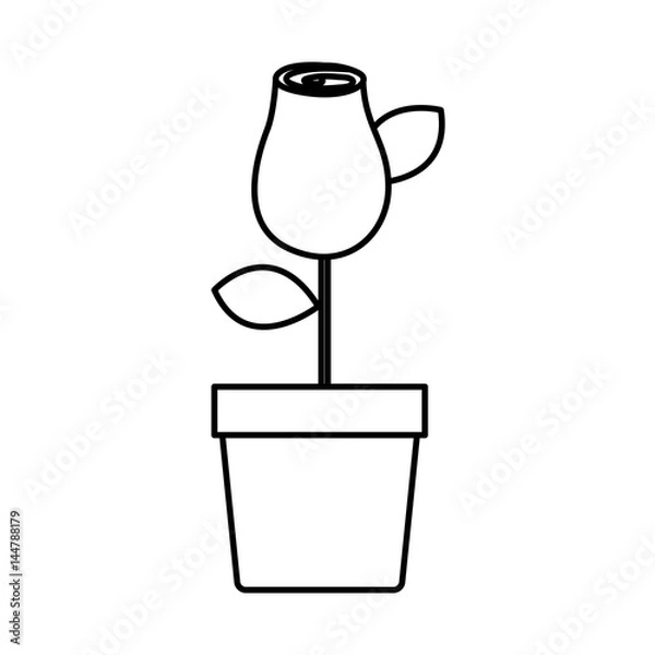 Fototapeta silhouette drawing rosebud with leaves and stem in flowerpot vector illustration