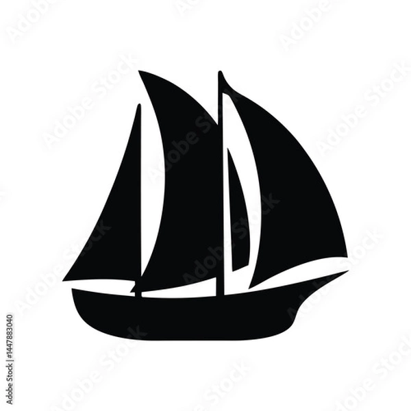 Fototapeta Silhouette of a sailboat with three sails, black and white design, nautical icon