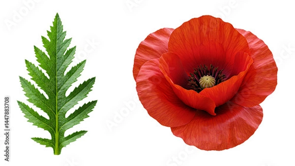 Fototapeta Red poppy flower and green leaf, isolated on transparent background, cutout, png.