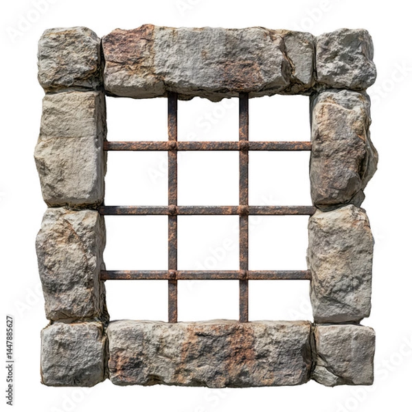 Fototapeta Stone window frame with metal bars, isolated on a transparent background. Rectangular masonry structure with vertical and horizontal iron bars.
