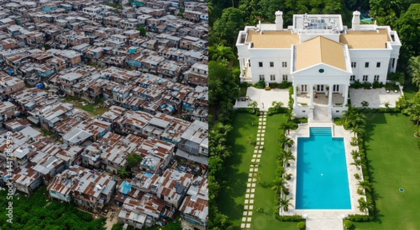 Fototapeta Juxtaposition of Impoverished Slums and Luxurious Mansion Aerial View Showing Economic Divide and Social Inequality in Housing
