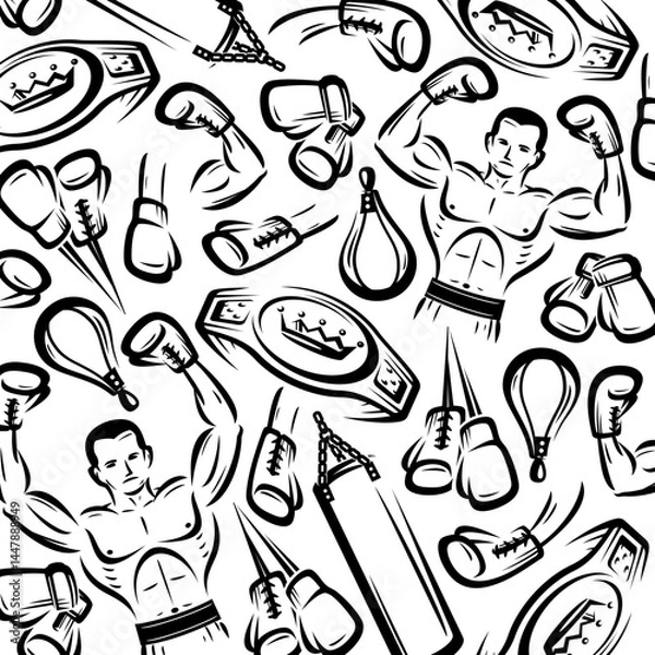 Fototapeta Boxing background, pattern set. Collection icons boxing. Vector