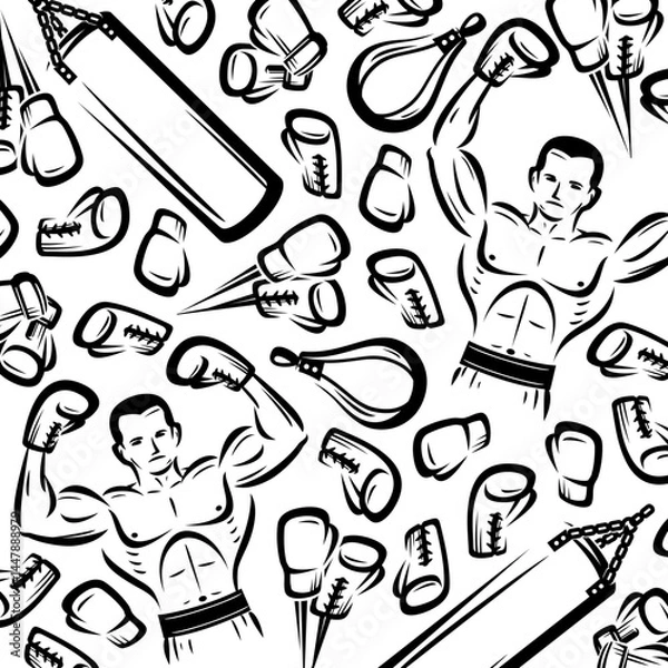 Obraz Boxing background, pattern set. Collection icons boxing. Vector