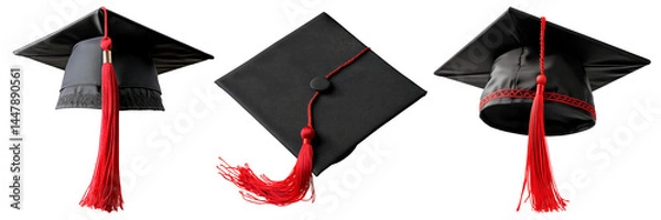 Fototapeta Set of three traditional square academic graduation caps with long red tassels, isolated on transparent background, symbolizing education, achievement, and ceremony.h
