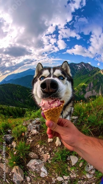 Fototapeta Siberian Husky joyfully enjoying ice cream cone against a picturesque mountainous landscape with blue skies and clouds