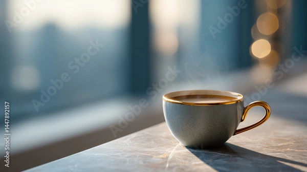 Fototapeta 窓際のテーブルに置かれた金色の取っ手付きコーヒーカップ | 静けさの演出