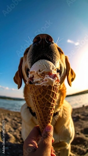 Fototapeta Happy dog enjoying an ice cream cone on a sunny beach with a lake in the background