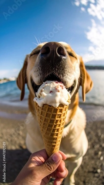 Fototapeta Happy dog enjoying an ice cream cone at the beach on a sunny day with the sea in the background