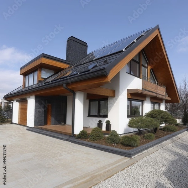 Obraz Energy efficient house featuring solar panels under intense sunlight - rooftop intense sunshine