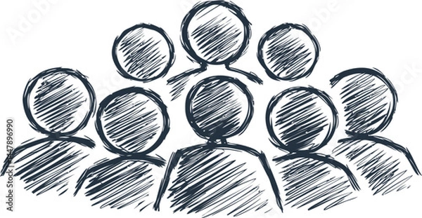 Fototapeta Scribbled illustration of a group of seven people in black and white. Vector illustration