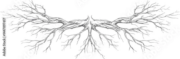 Fototapeta Intricate symmetrical illustration of tree roots branching out in black and white. Vector illustration