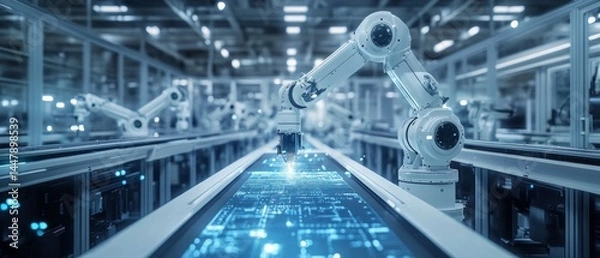 Obraz Robotic arm on a production line with digital interface. Great for illustrations in industry, technology, process automation.