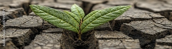 Obraz A green sprout pushing through cracked earth, representing business resilience and renewed growth - background split detail gardening texture