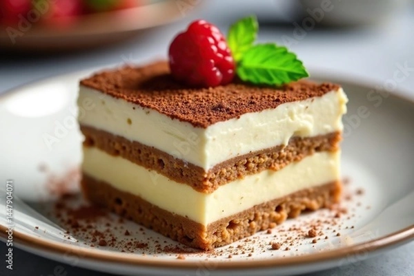 Fototapeta Close-up of a single serving of tiramisu, showcasing texture and layers , cake, delicious, coffee