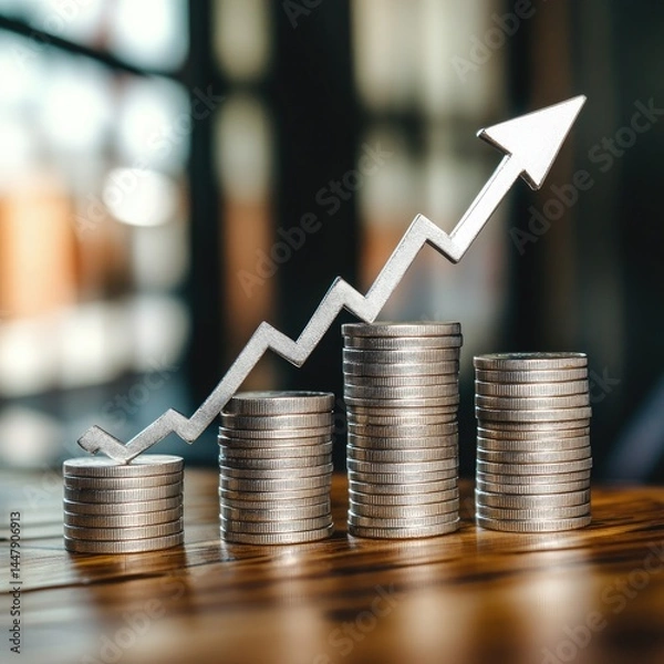 Fototapeta Financial Growth  Stacks of coins with an upward arrow, symbolizing rising profits or investment growth