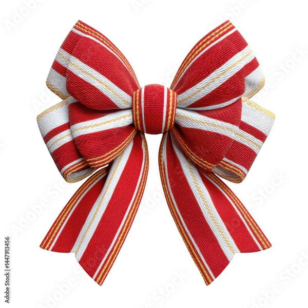 Fototapeta Red striped bow with white and gold accents, decorative ribbon tied in festive style for celebration or gift wrapping