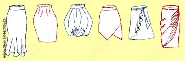 Obraz Women’s Skirt Fashion Vector Set – Hand Drawn Flat Design Outlines of Trendy Skirt Styles for Apparel Design, Pattern Making, and Fashion Illustration Projects
