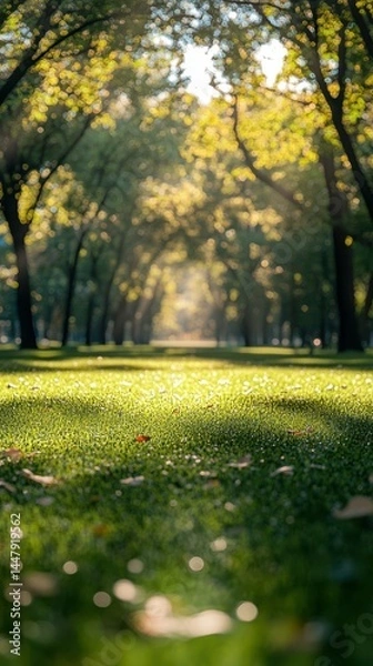 Obraz Lush green park pathway surrounded by tall trees under bright sunlight in a serene afternoon