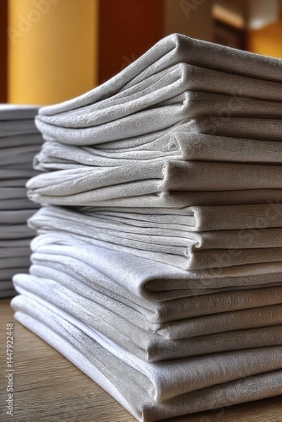 Fototapeta High angle view of several piles of white fabric, showcasing texture and folds - wrinkles cotton background swatch