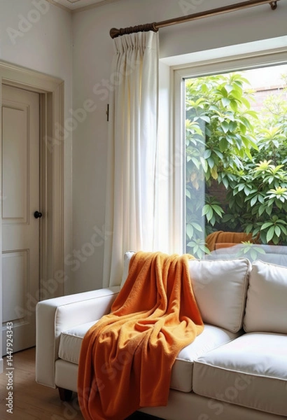 Fototapeta Indoor Scene with S-Shaped Composition Featuring a White Sofa and Orange Blanket, Garden View Through a Door on the Left, Soft Natural Light and Cozy Atmosphere
