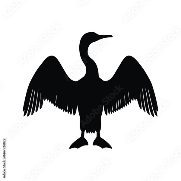 Obraz Silhouette of a cormorant bird with wings spread, drying in the sun