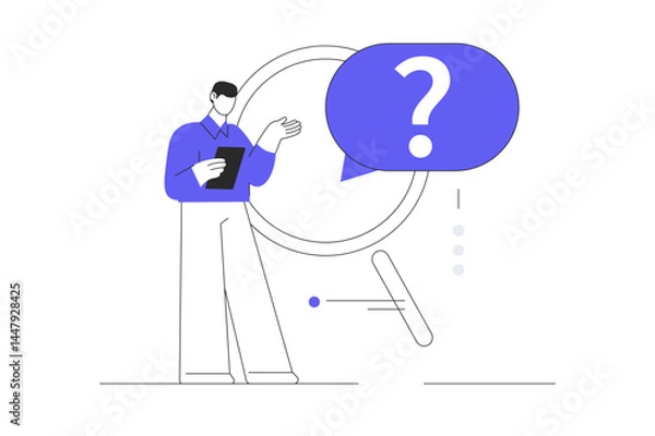 Fototapeta Searching for something. Research and curiosity, finding new solutions. Choosing right path of development. Completion of task. Flat Cartoon Vector Illustration, icon. Stylish abstract design landing 