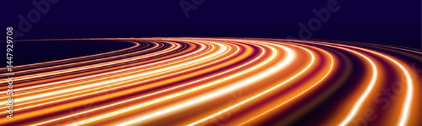 Fototapeta Neon yellow color glowing lines background, high-speed light trails effect. Expressway in long delay, with car lights at night on autobahn. 