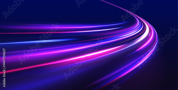 Fototapeta Futuristic light motion effects on a black background, showcasing fast-moving neon stripes and creative illustrations of high-speed concepts, ideal for visualizing technology and progress.	