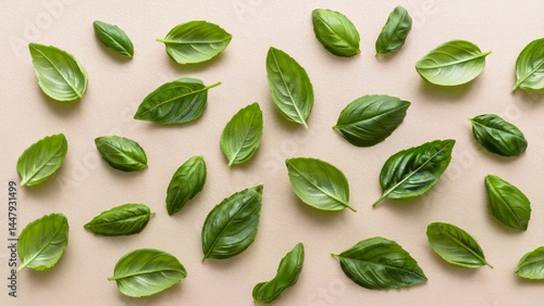 Fototapeta Multiple holy basil leaves scattered on a light beige background, clean flat lay style, high-resolution for herbal and natural design use.