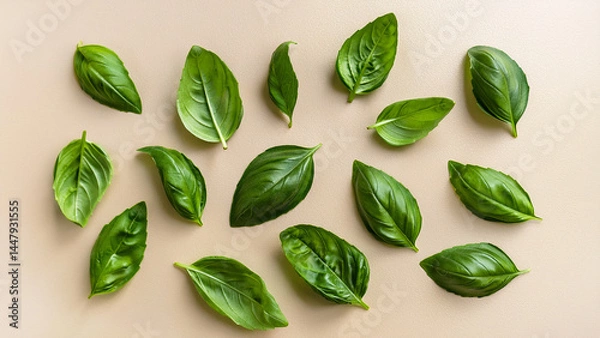 Fototapeta Multiple holy basil leaves scattered on a light beige background, clean flat lay style, high-resolution for herbal and natural design use.