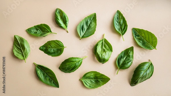 Fototapeta Multiple holy basil leaves scattered on a light beige background, clean flat lay style, high-resolution for herbal and natural design use.
